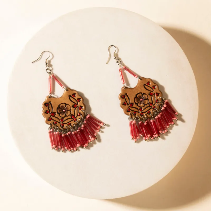 Handtooled Carnival Bloom Fringe Earrings in Ember Pink made by Myra Bag