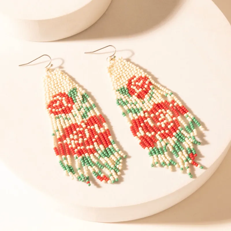 Rose Garden Beaded Fringe Earrings in Cream Ivory sold by Myra Bag