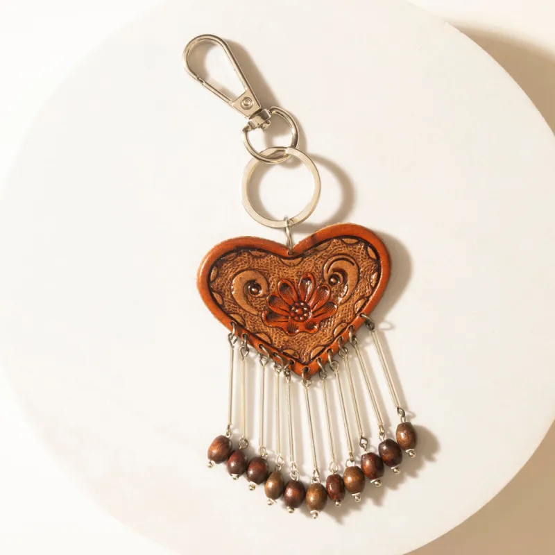 Sweetheart Tooled Tassel Keychain in Cocoa Brown sold by Myra Bag