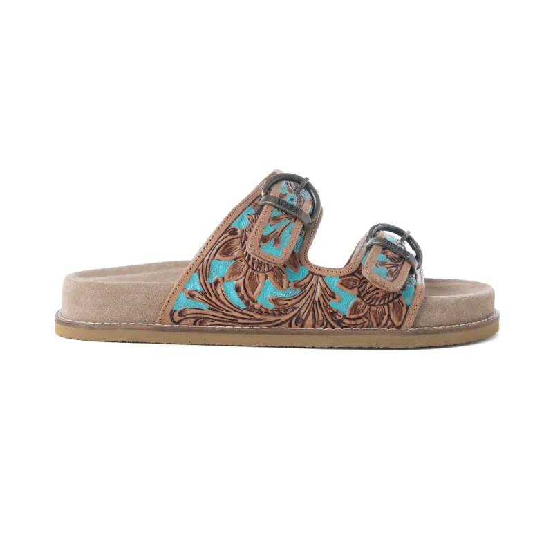 Meadow Sky Handtooled Leather Sandals in Sagewave Blue made by Myra Bag