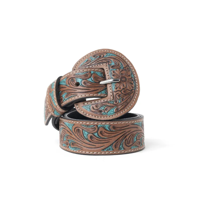 Western Wreath Leather Belt in Bronco Sky made by Myra Bag