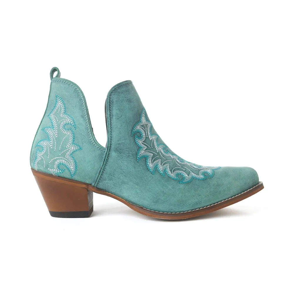 Sagebreeze Embroidered Leather Booties in Lagoon Teal sold by Myra Bag