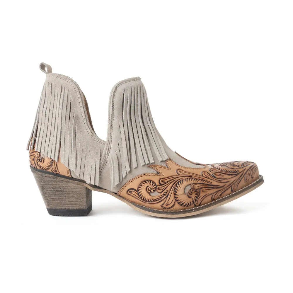 Cimarron Belle Fringed Handtooled Leather Booties in Wild Tan sold by Myra Bag