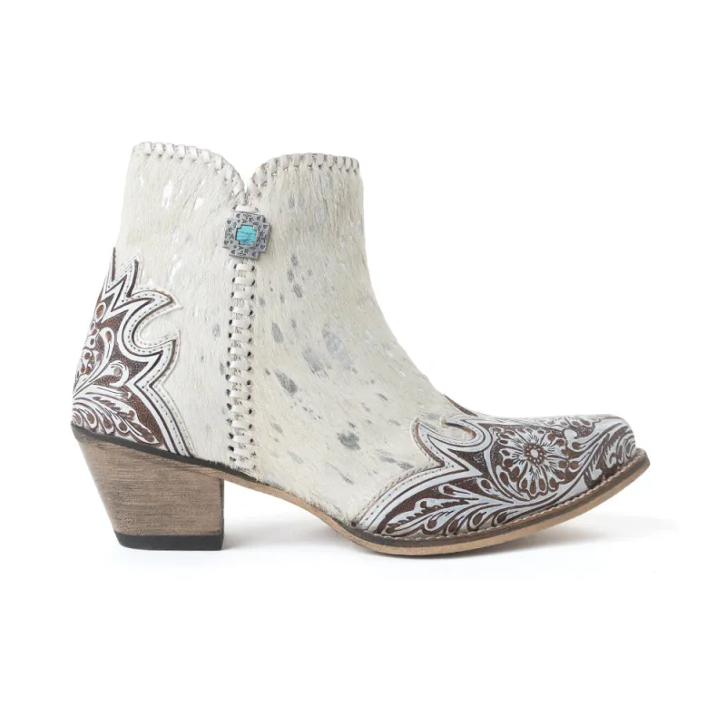 Sierra Belle Handtooled Leather Booties in Almond White made by Myra Bag
