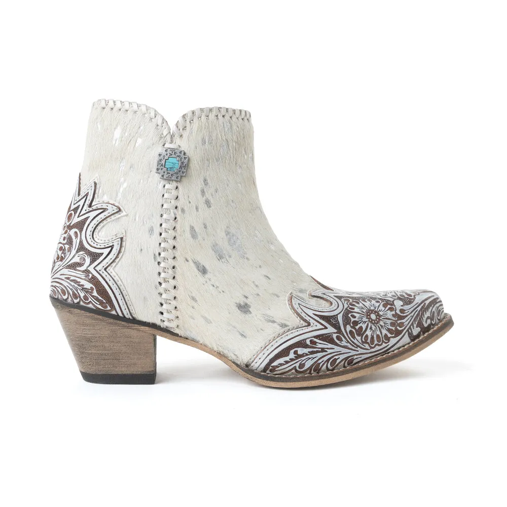 Sierra Belle Handtooled Leather Booties in Almond White sold by Myra Bag