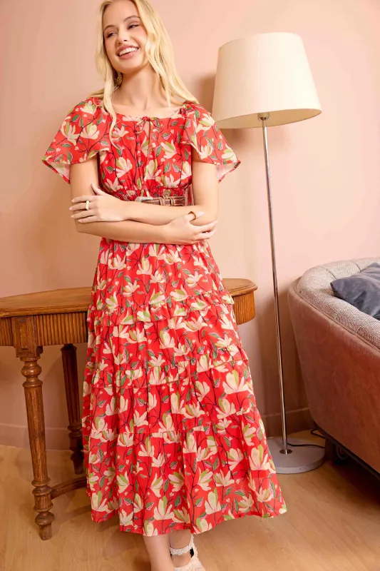 Bohera Lariat Grace Lace Trim Midi Dress in Crimson Red made by Myra Bag