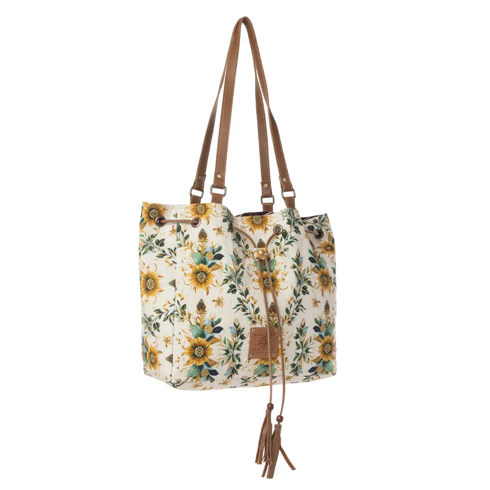 Southern Bloom Cotton & Leather Bucket Bag in Chestnut Beige sold by Myra Bag product image thumbnail 2
