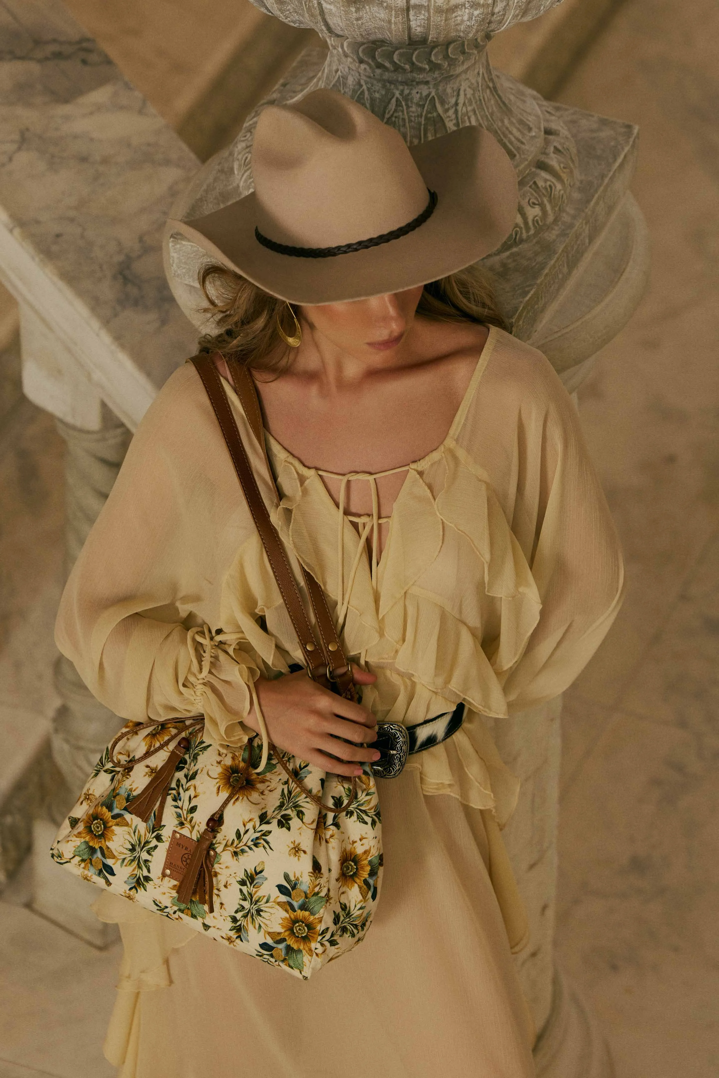 Southern Bloom Cotton & Leather Bucket Bag in Chestnut Beige sold by Myra Bag product image thumbnail 5