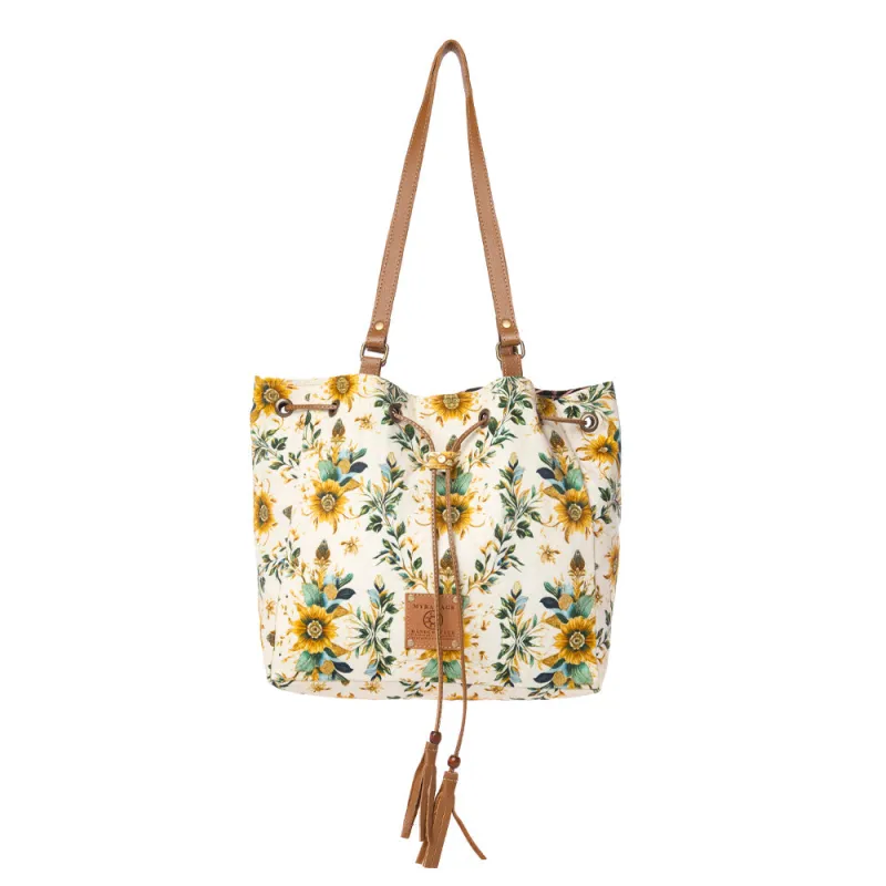 Southern Bloom Cotton & Leather Bucket Bag in Chestnut Beige made by Myra Bag