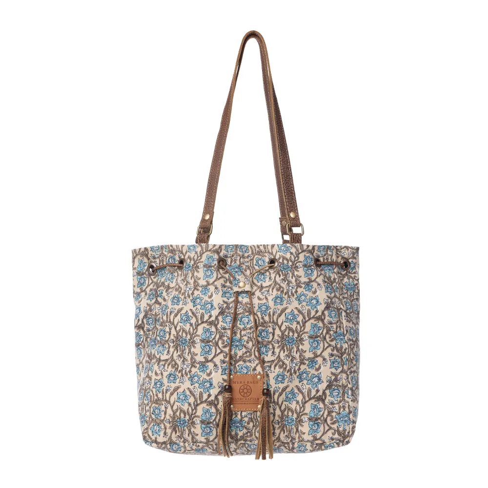 Southern Bloom Cotton & Leather Bucket Bag in Oasis Cream sold by Myra Bag