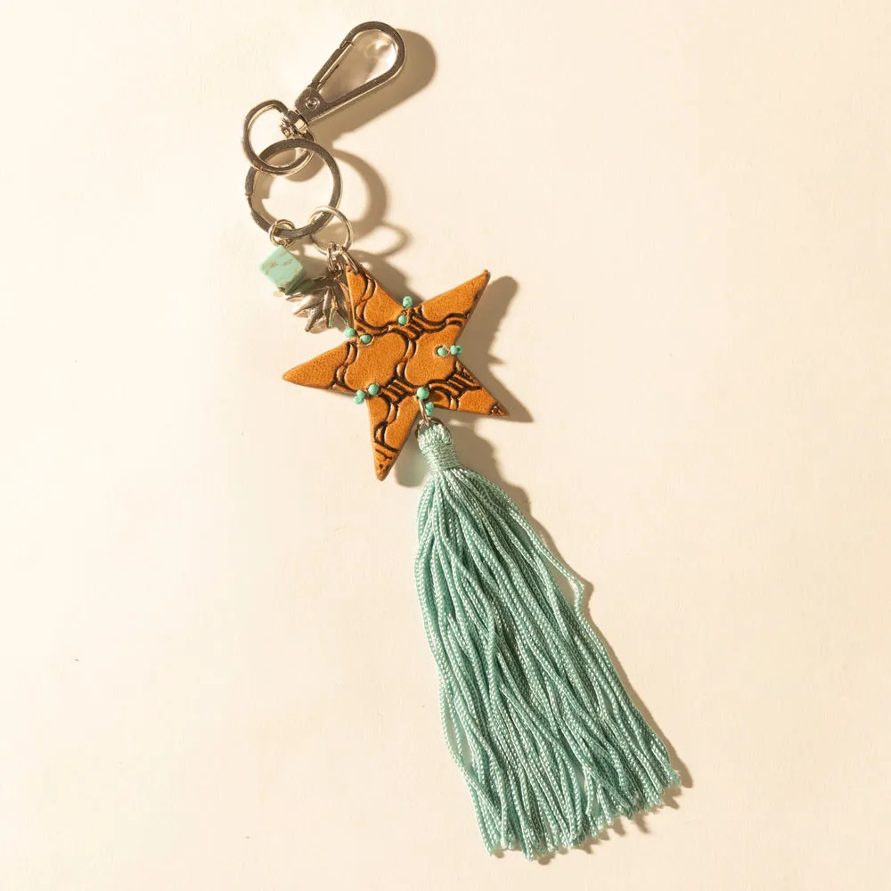 Western Sky Beaded Fringe Handtooled Leather Key Fob in Ocean Blue sold by Myra Bag