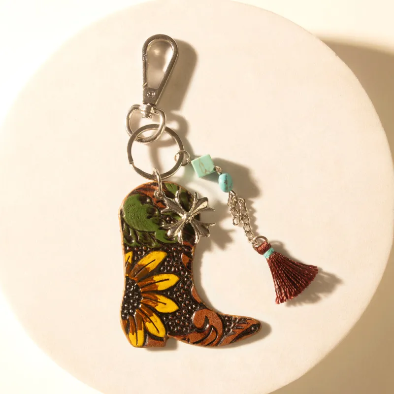 Southern Bloom Boot Handtooled Leather Key Fob in Amber Aqua made by Myra Bag