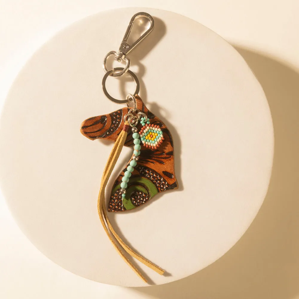 Western Star Horse Handtooled Leather Key Fob in Amber Turquoise sold by Myra Bag