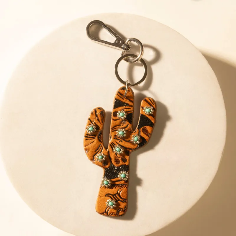 Cactus Prairie Handtooled Leather Key Fob in Canyon Teal made by Myra Bag