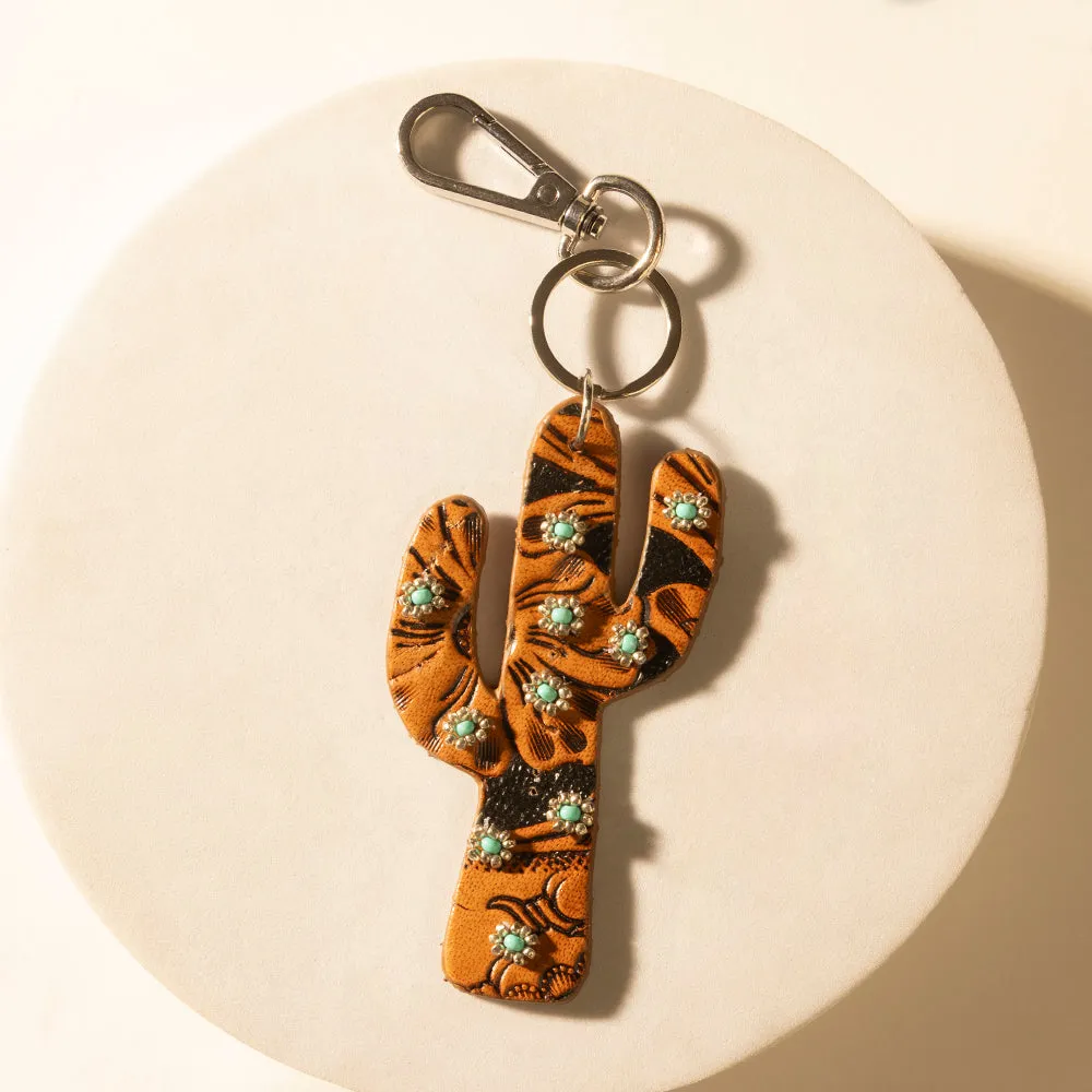 Cactus Prairie Handtooled Leather Key Fob in Canyon Teal sold by Myra Bag