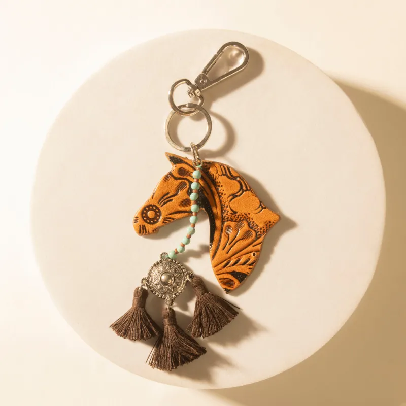 Summer Cove Horse Handtooled Leather Key Fob in Caramel Tan made by Myra Bag