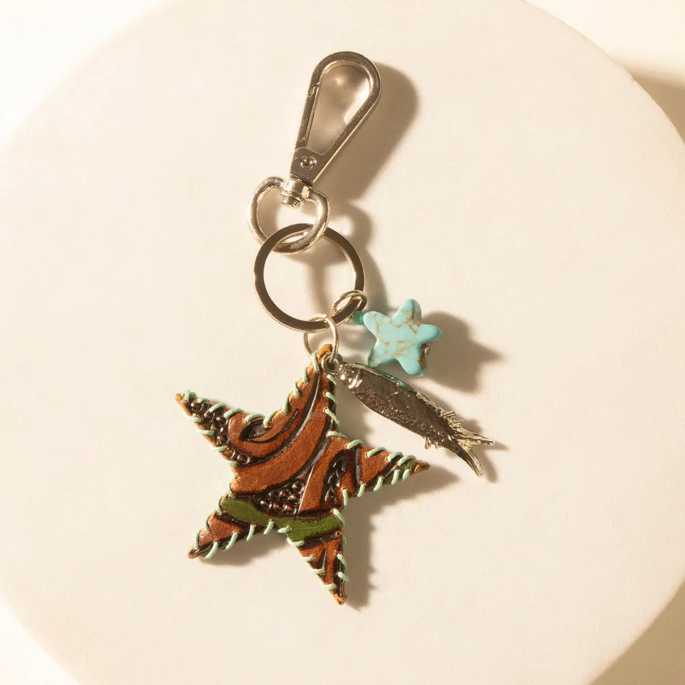 Moonlight Bay Star Handtooled Leather Key Fob in Amber Turquoise sold by Myra Bag