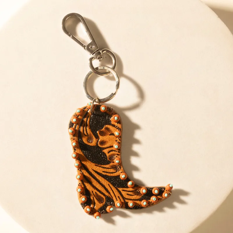Copper Bay Boot Handtooled Leather Key Fob in Rust Orange made by Myra Bag