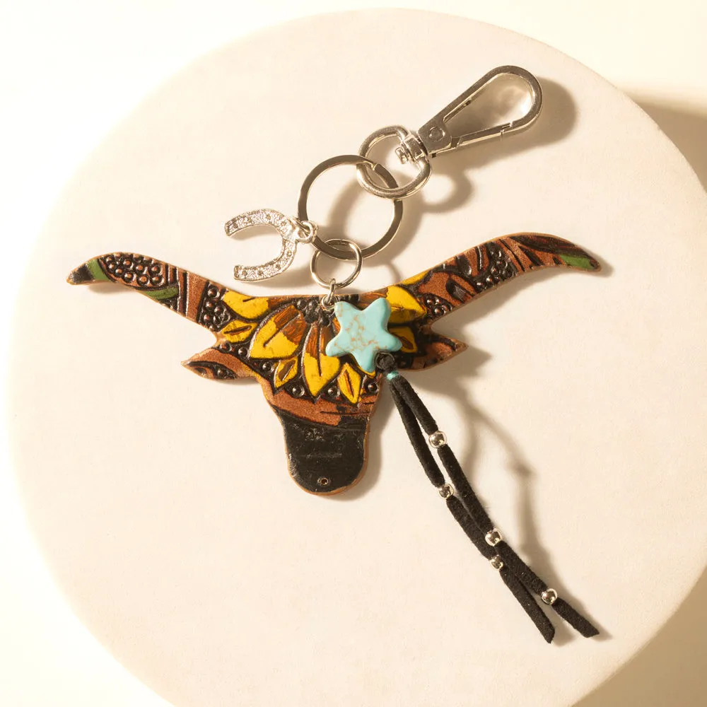Nightfall Cove Bull Handtooled Leather Key Fob in Onyx Turquoise sold by Myra Bag