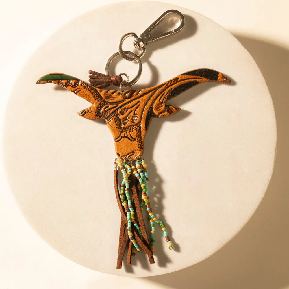 Arroyo Bull Handtooled Leather Key Fob in Honey Aqua sold by Myra Bag
