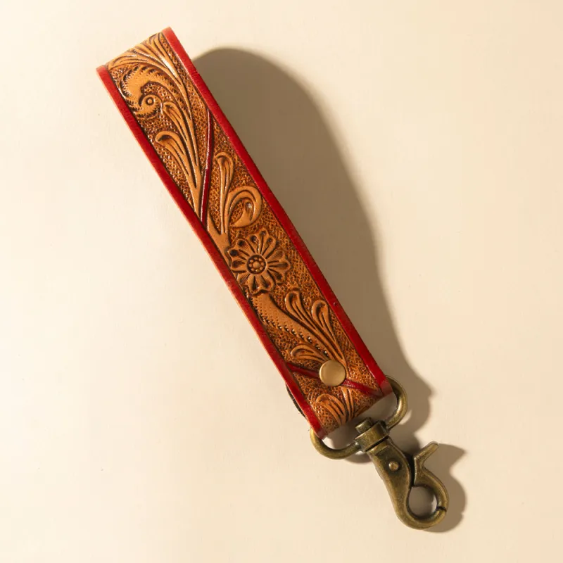 Canyon Pass Handtooled Leather Key Fob in Terracotta Saddle made by Myra Bag