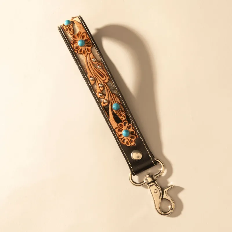 River Glen Handtooled Hairon Leather Key Fob in Espresso Turquoise made by Myra Bag