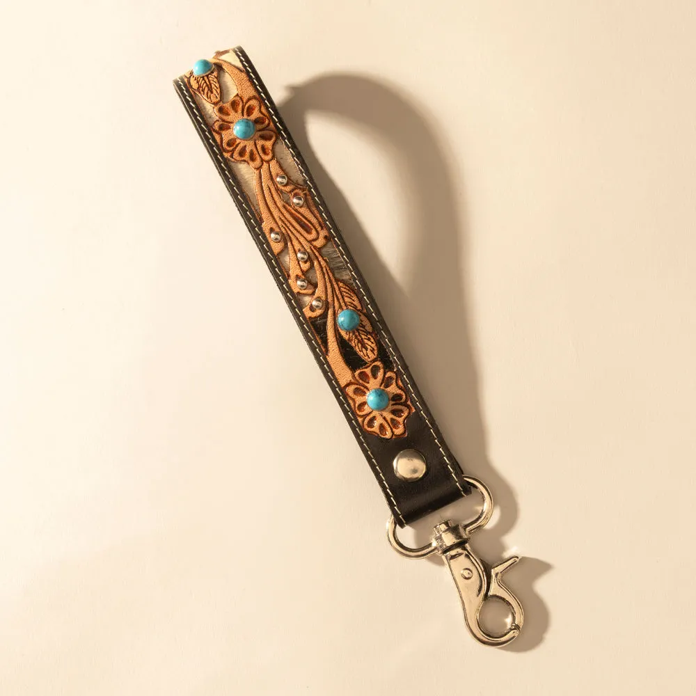 River Glen Handtooled Hairon Leather Key Fob in Espresso Turquoise sold by Myra Bag