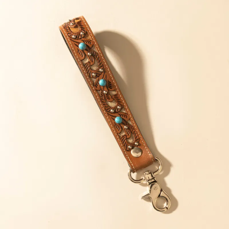 River Glen Handtooled Hairon Leather Key Fob in Honey Turquoise made by Myra Bag