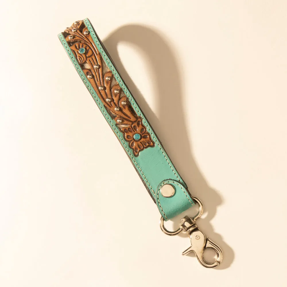 River Glen Handtooled Hairon Leather Key Fob in Aqua Saddle sold by Myra Bag product image thumbnail 2