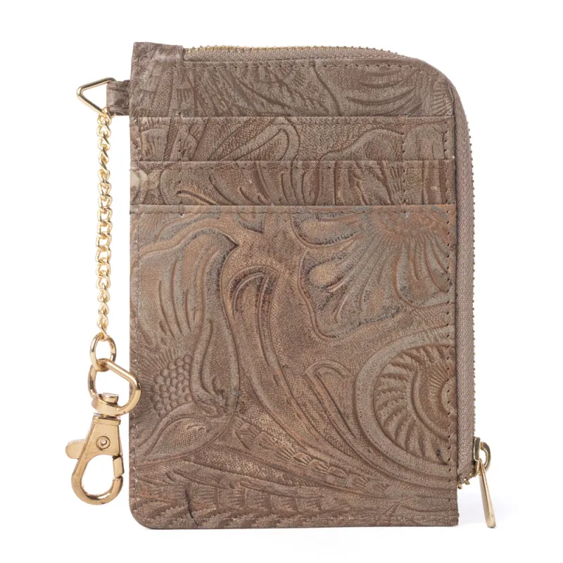 Summer Grove Embossed Leather Credit Card Holder in Desert Taupe made by Myra Bag
