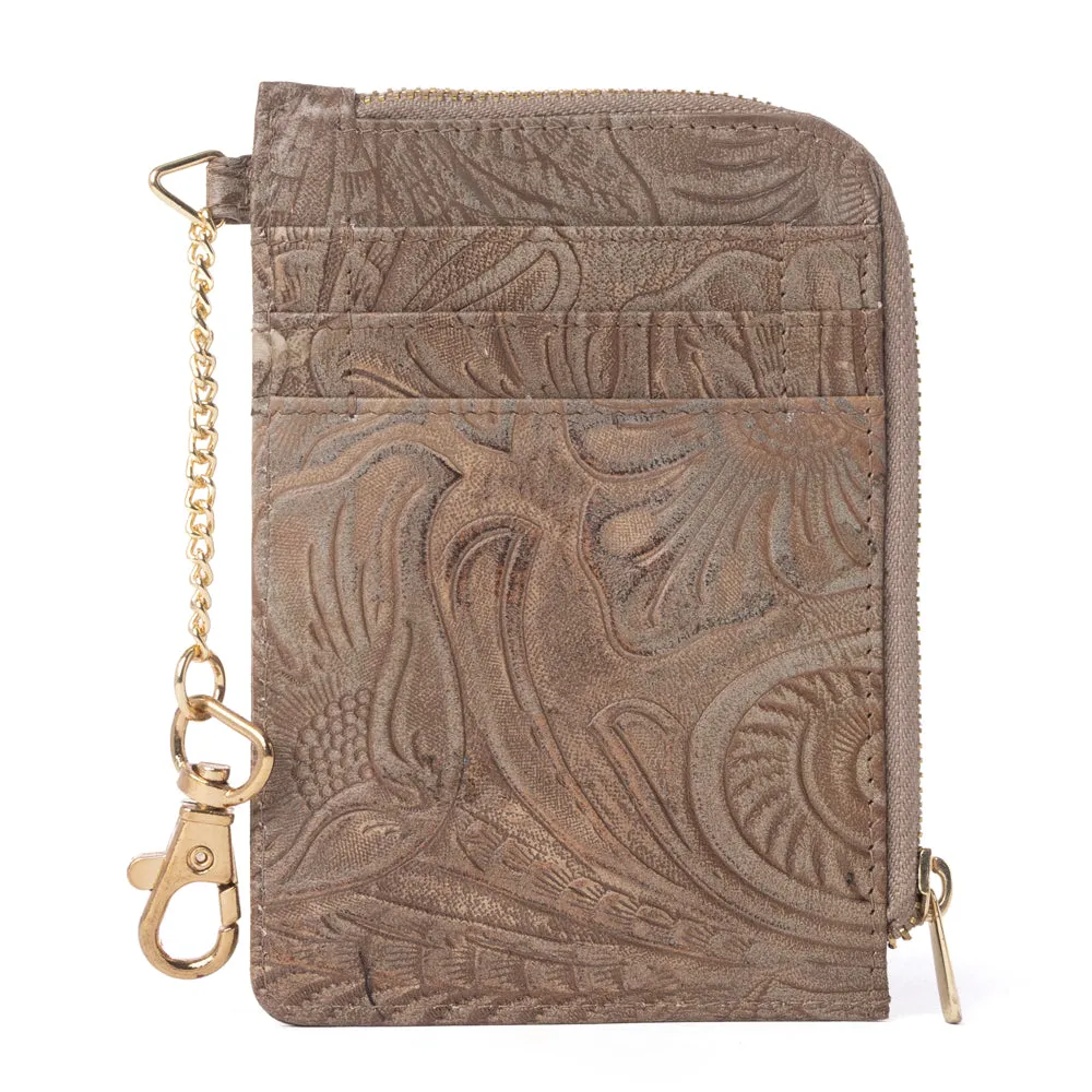 Summer Grove Embossed Leather Credit Card Holder in Desert Taupe sold by Myra Bag