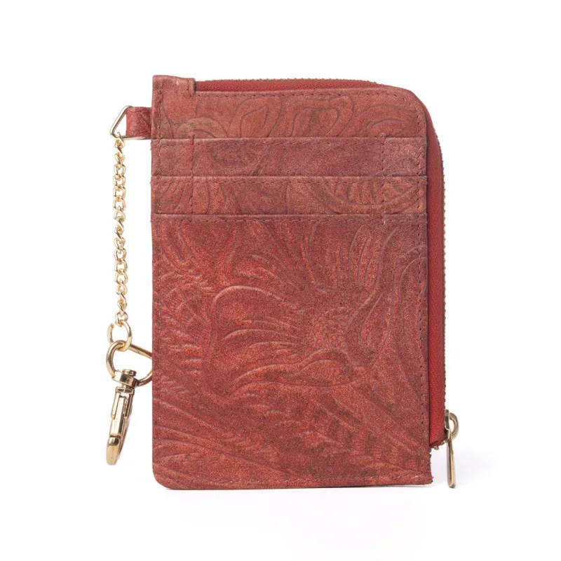 Summer Grove Embossed Leather Credit Card Holder in Burnt Crimson made by Myra Bag