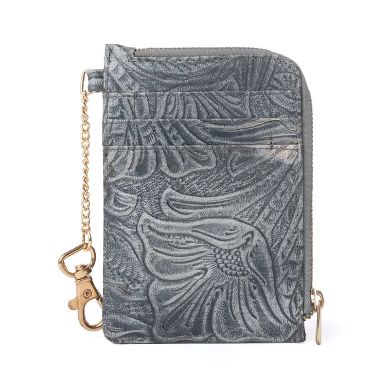 Summer Grove Embossed Leather Credit Card Holder in Slate Grey made by Myra Bag