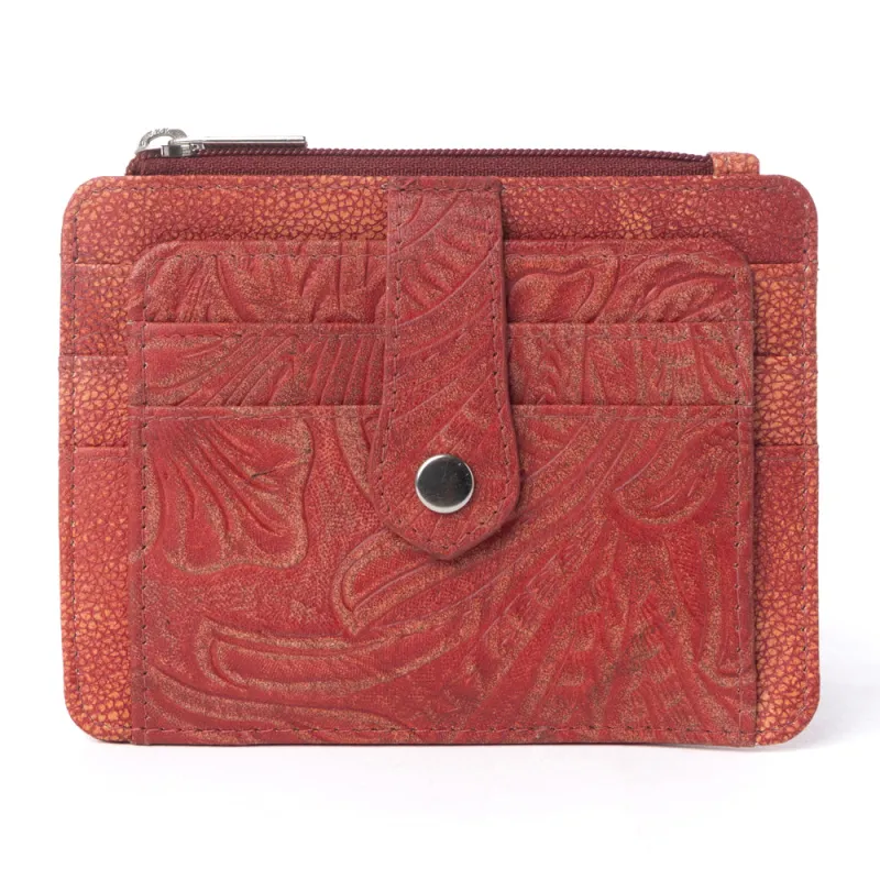 Driftwood Cove Embossed Leather Credit Card Holder in Coral Red made by Myra Bag