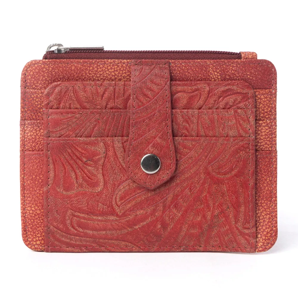 Driftwood Cove Embossed Leather Credit Card Holder in Coral Red sold by Myra Bag