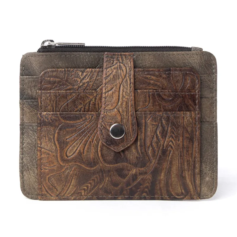 Driftwood Cove Embossed Leather Credit Card Holder in Olive Brown made by Myra Bag