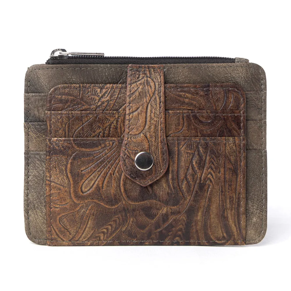 Driftwood Cove Embossed Leather Credit Card Holder in Olive Brown sold by Myra Bag