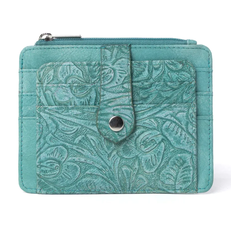 Driftwood Cove Embossed Leather Credit Card Holder in Ocean Sage made by Myra Bag
