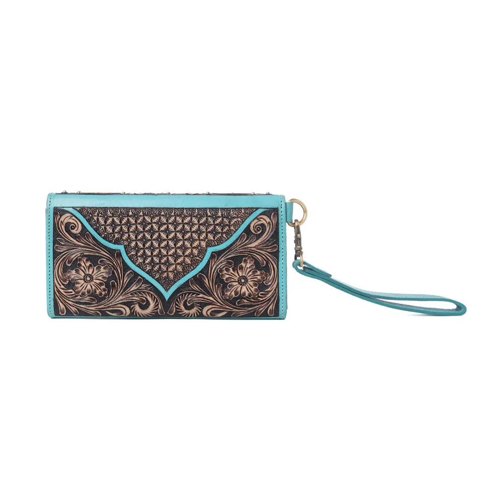 Sunfire Valley Handtooled Hairon Leather Women’s Wallet in Turquoise Pearl sold by Myra Bag product image thumbnail 3