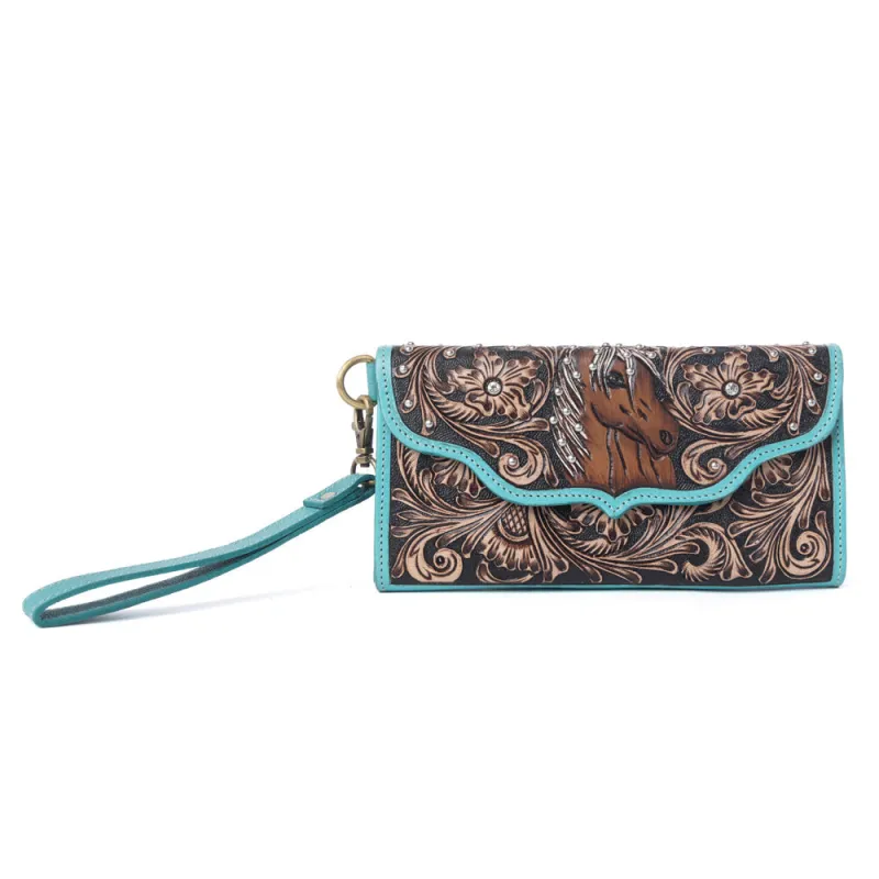 Sunfire Valley Handtooled Hairon Leather Women’s Wallet in Turquoise Pearl made by Myra Bag