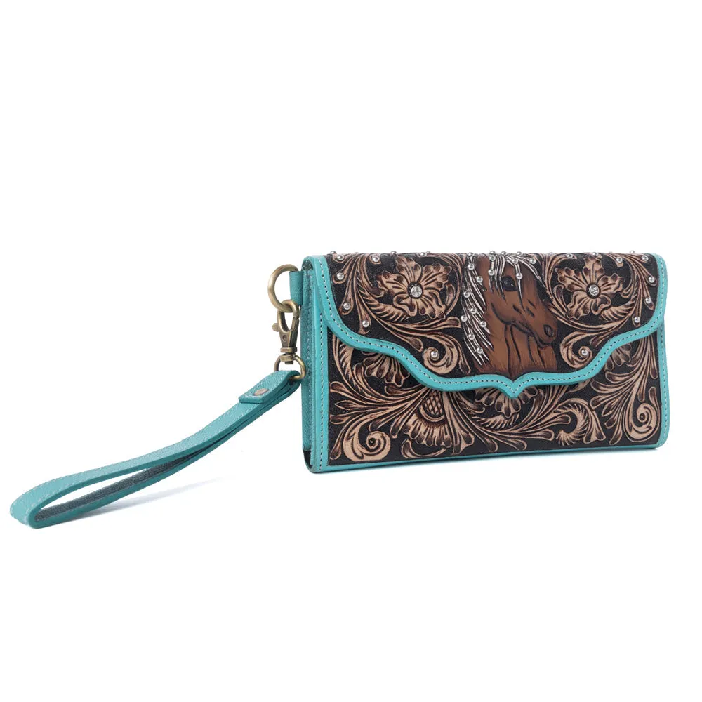 Sunfire Valley Handtooled Hairon Leather Women’s Wallet in Turquoise Pearl sold by Myra Bag product image thumbnail 2