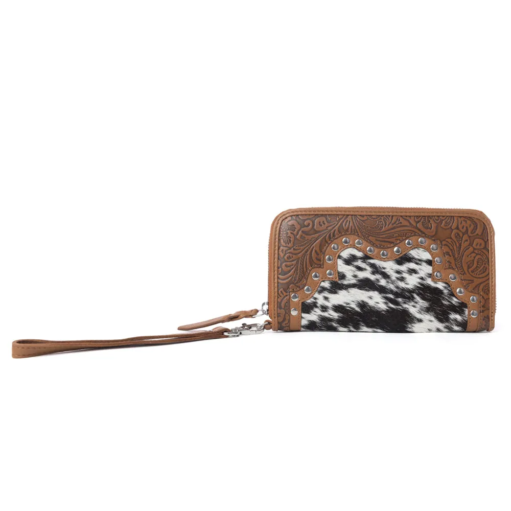 Sunset Ridge Handtooled Hairon Leather Wallet in Honey Snow sold by Myra Bag