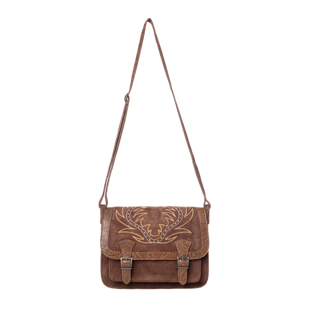 Amberwood Suede Leather Boot Embroidered Leather Bag in Chestnut Brown sold by Myra Bag product image thumbnail 4