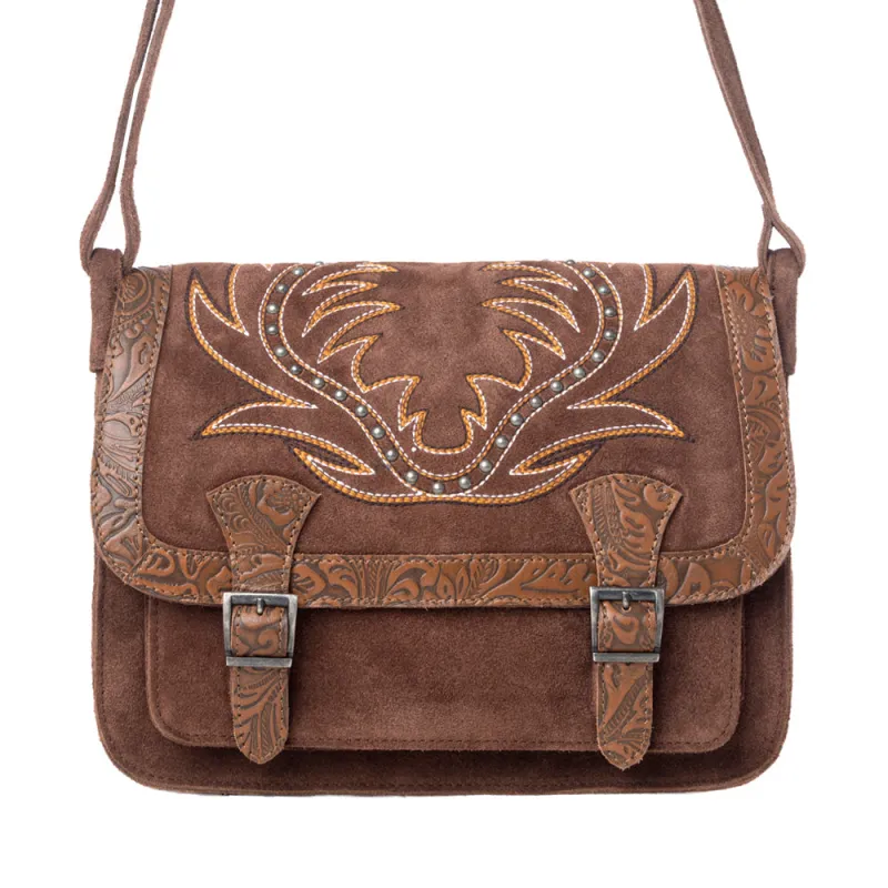 Amberwood Suede Leather Boot Embroidered Leather Bag in Chestnut Brown made by Myra Bag