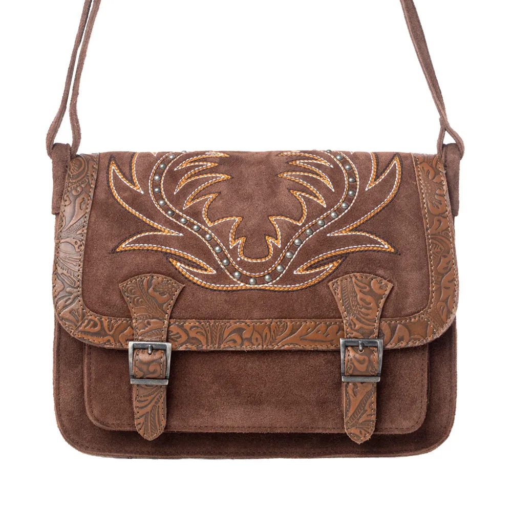 Amberwood Suede Leather Boot Embroidered Leather Bag in Chestnut Brown sold by Myra Bag