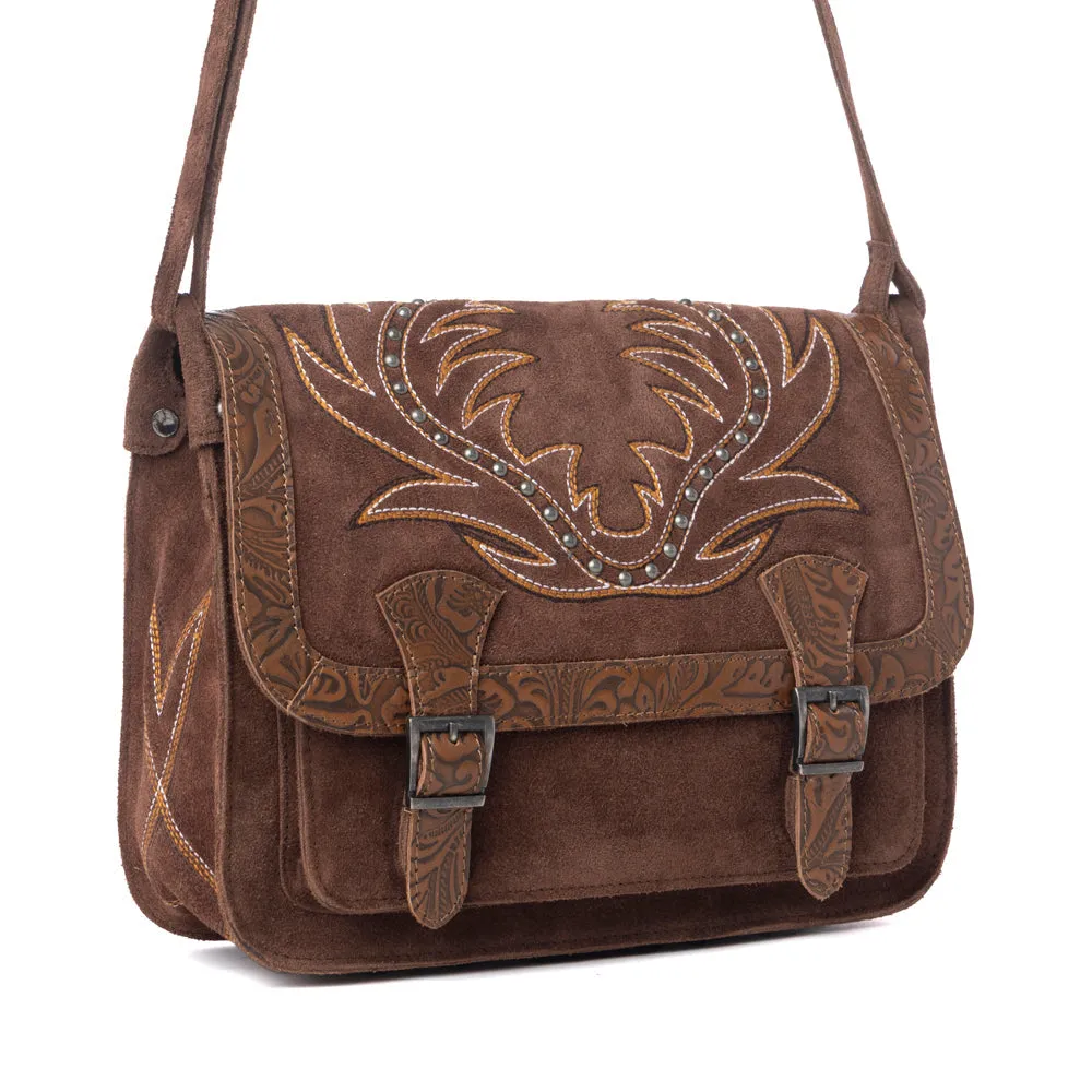 Amberwood Suede Leather Boot Embroidered Leather Bag in Chestnut Brown sold by Myra Bag product image thumbnail 2