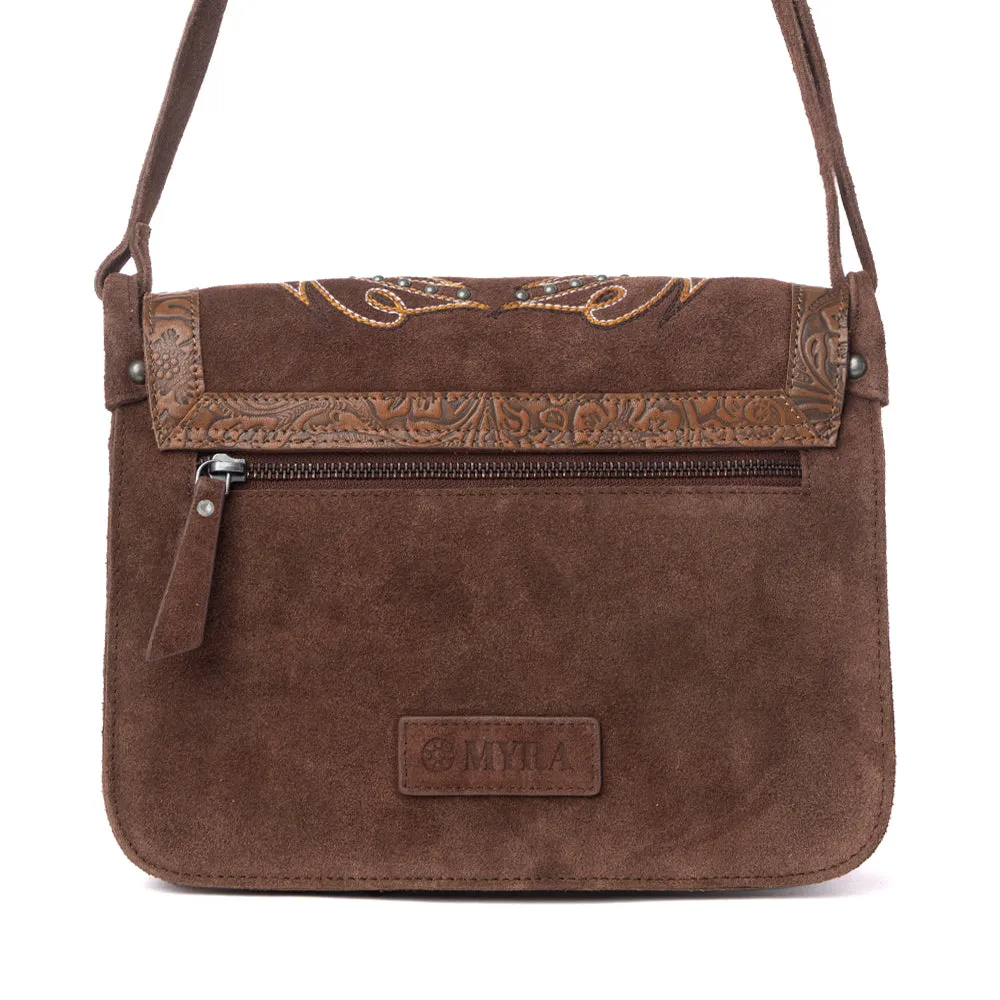 Amberwood Suede Leather Boot Embroidered Leather Bag in Chestnut Brown sold by Myra Bag product image thumbnail 3