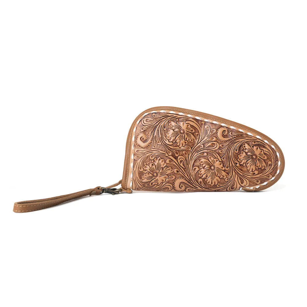Bronzefall Handtooled Leather Gun Case in Saddle Tan sold by Myra Bag