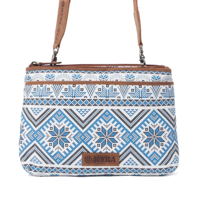 Tribal Hollow Cotton & Leather Crossbody Bag in Indigo Frost made by Myra Bag