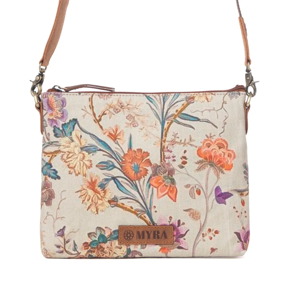 Wildflower Trail Cotton & Leather Crossbody Bag in Sunlit Bloom sold by Myra Bag